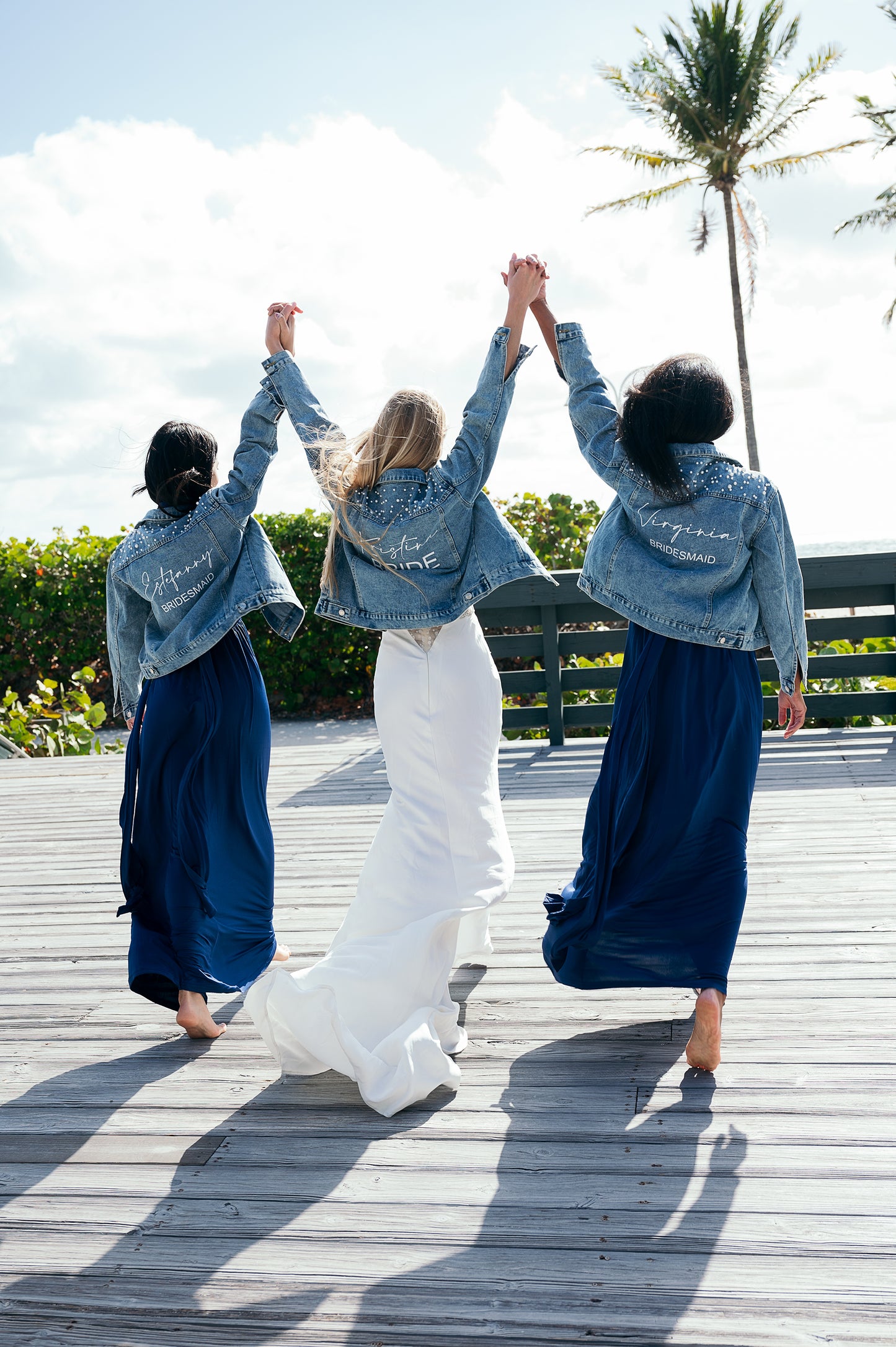 Custom Denim Jackets with Pearls for Bride and Bridesmaids - alfresco / bold
