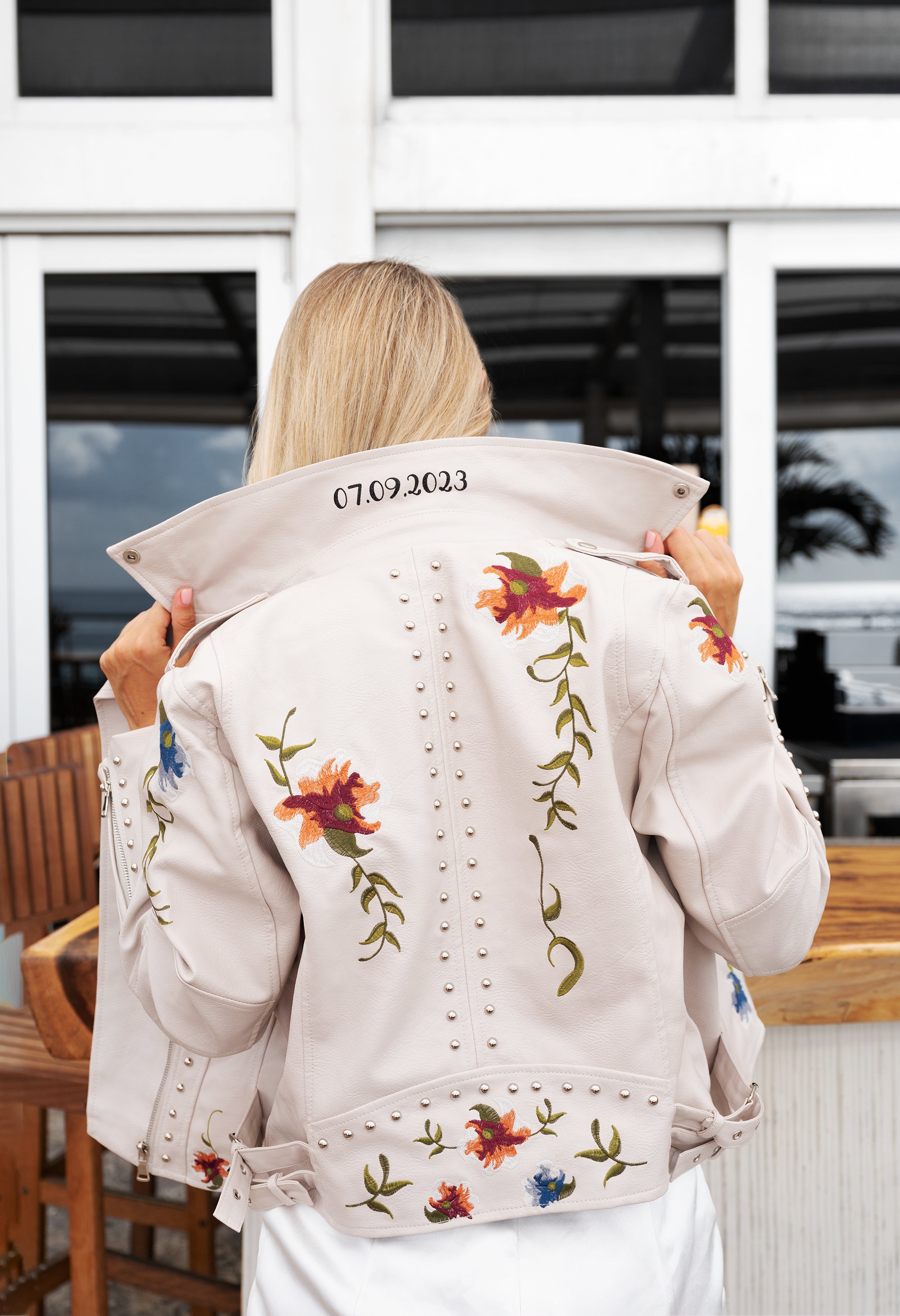 Flower embroidered leather jacket hotsell