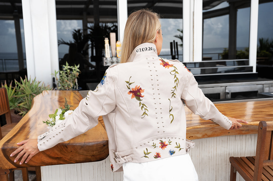 Flowers Embroidered Faux Leather Jacket