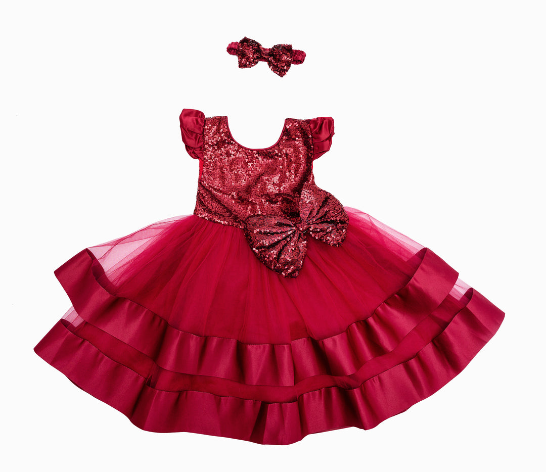 Burgundy Sequin Girls Dress with Bow Headband