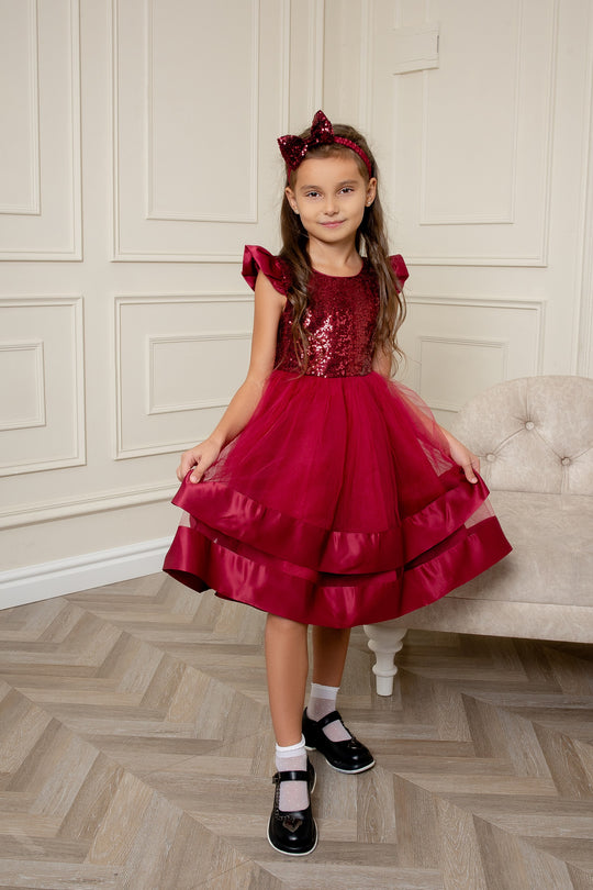 Burgundy Sequin Girls Dress with Bow Headband