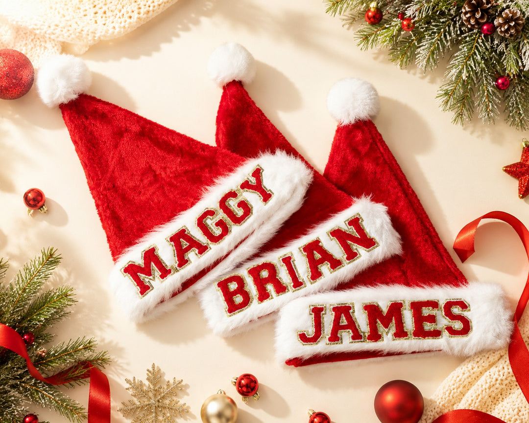 Trendy Personalized Santa Hats with Custom Name Patches