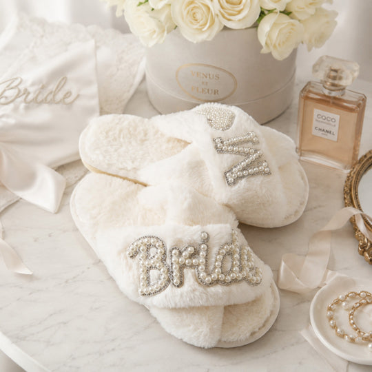 Bride & Babe Fluffy Bachelorette Slippers – Rhinestone Bridal Party Slippers
