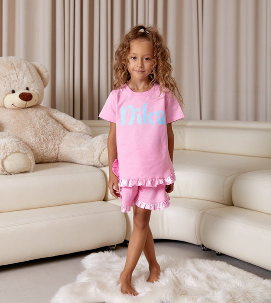 Girls Personalized Cotton Ruffle Short Pajamas