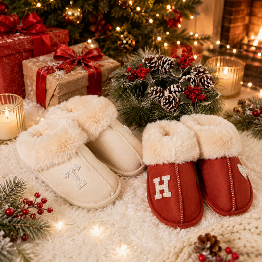 Personalized Christmas Slippers – Custom Initial Cozy Faux Fur Holiday Slippers