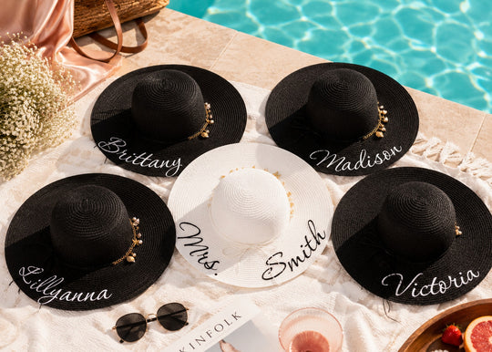 Trendy Personalized Bridesmaid Sun Hats with Shells