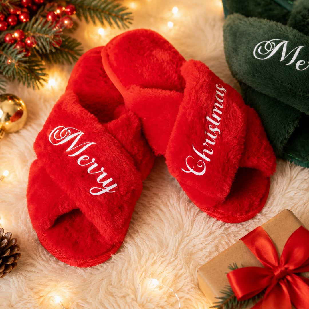 Personalized Christmas Fluffy Slippers – Custom Merry Christmas Cozy Holiday Slippers