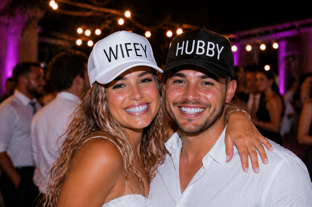 Wife & Hubby Trucker Hats – Matching Couple Caps, Wedding & Honeymoon Hats