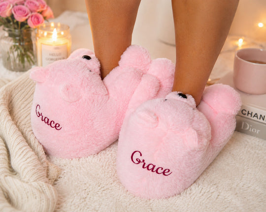 Custom Bear Pink Plush Slippers – Personalized Cozy Teddy Bear House Slippers