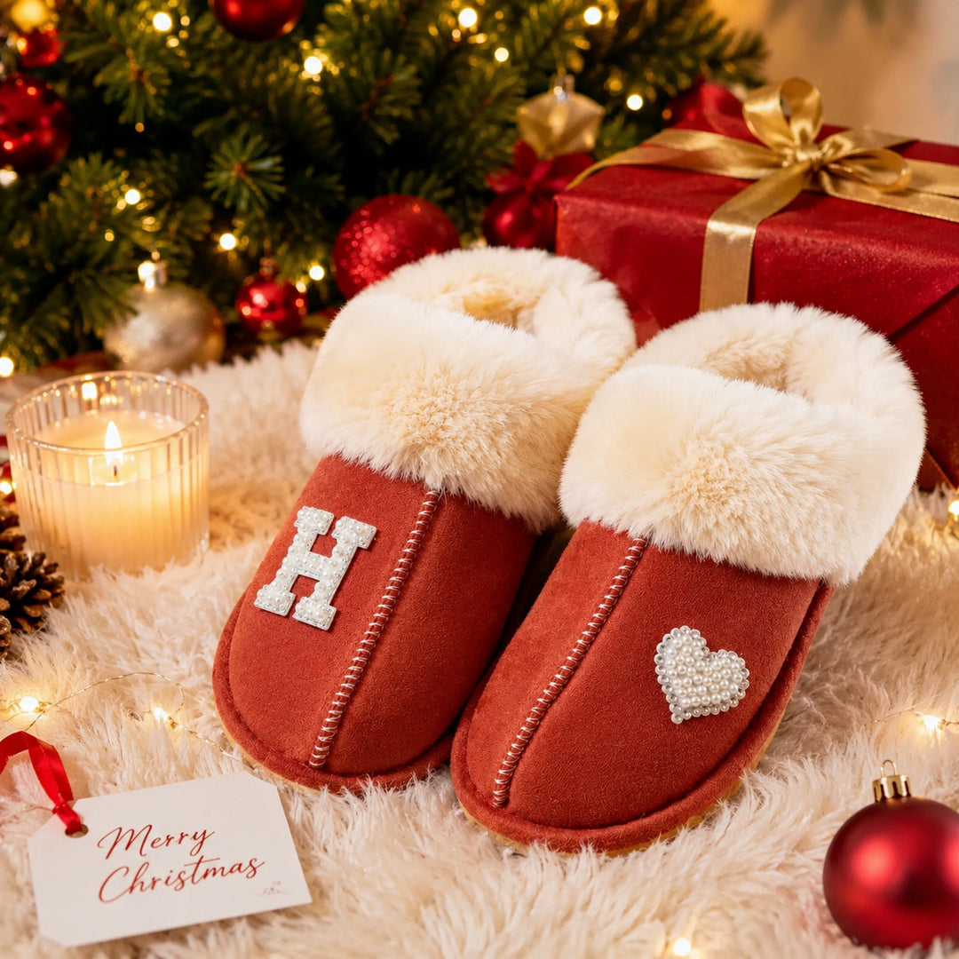 Personalized Christmas Slippers – Custom Initial Cozy Faux Fur Holiday Slippers