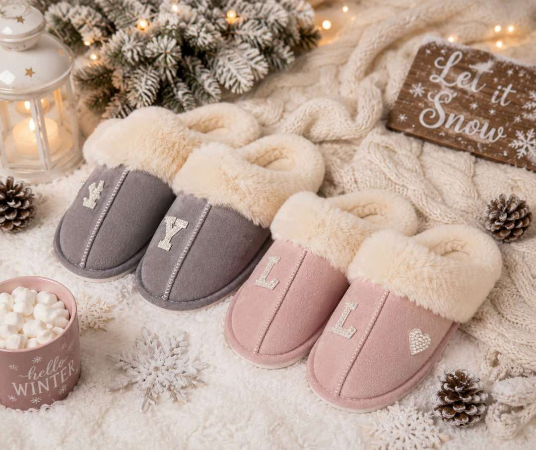 Personalized Winter Slippers – Custom Initial Cozy Faux Fur House Slippers