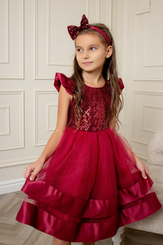 Burgundy Sequin Girls Dress with Bow Headband