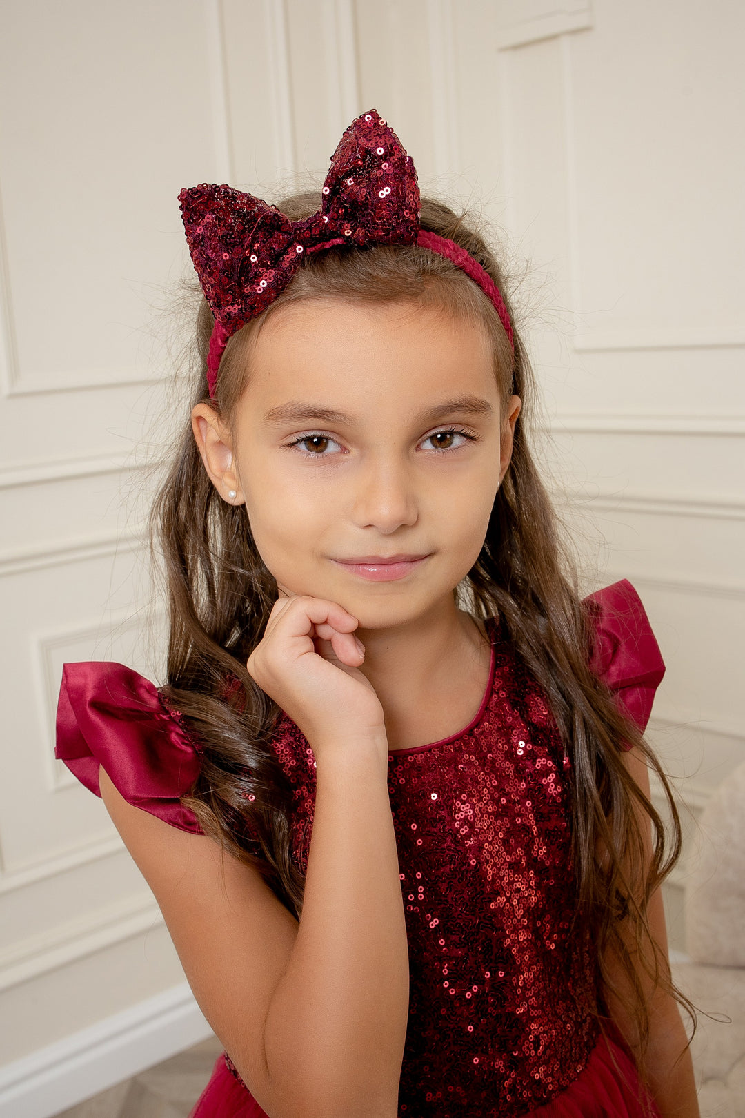 Burgundy Sequin Girls Dress with Bow Headband