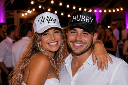 Wife & Hubby Trucker Hats – Matching Couple Caps, Wedding & Honeymoon Hats