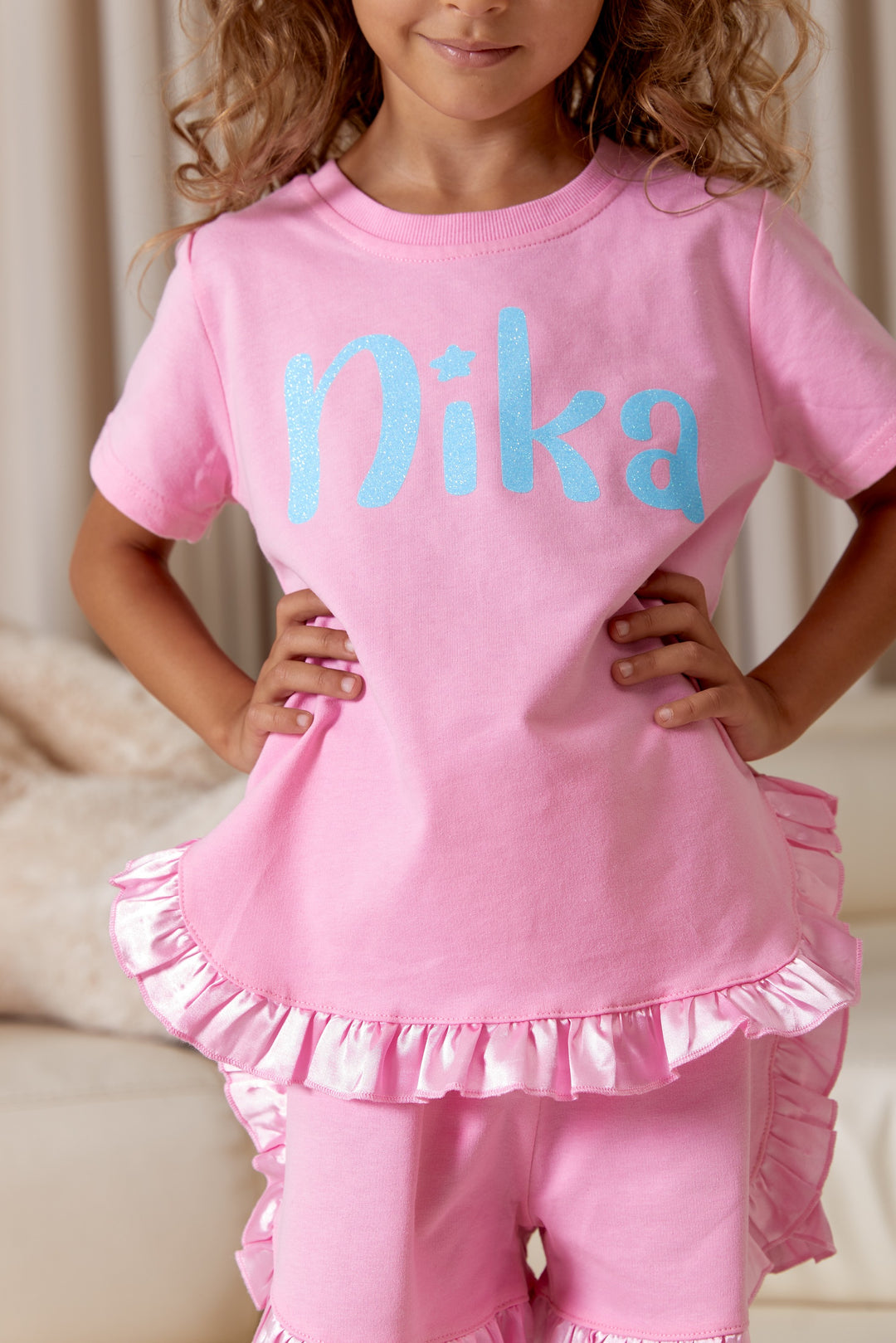 Girls Personalized Cotton Ruffle Short Pajamas