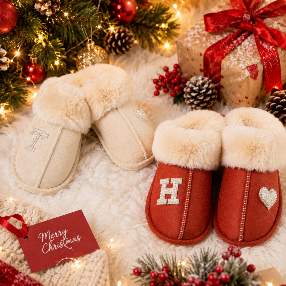 Personalized Christmas Slippers – Custom Initial Cozy Faux Fur Holiday Slippers