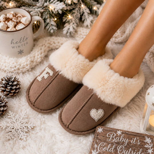 Personalized Winter Slippers – Custom Initial Cozy Faux Fur House Slippers