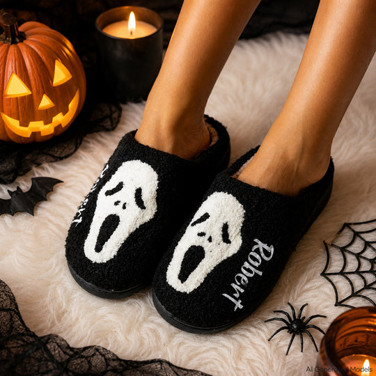 Personalized Halloween Slippers – Custom Ghost Cozy Spooky House Slippers