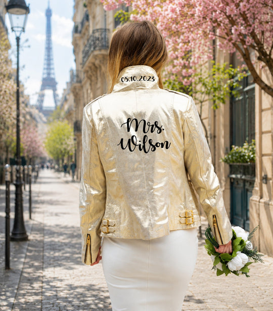 Custom Mrs Bridal Leather Sequin Jacket
