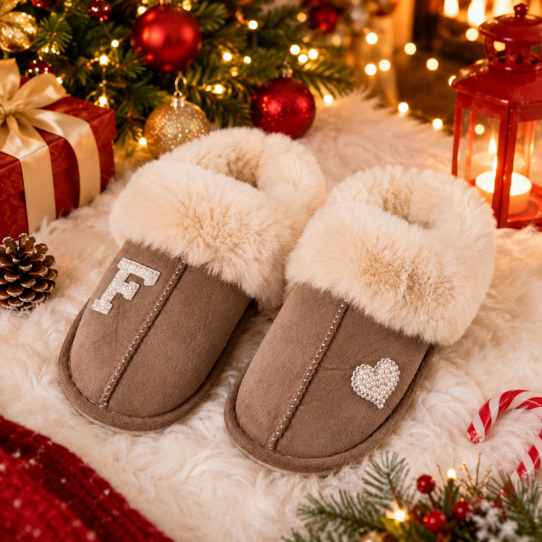 Personalized Christmas Slippers – Custom Initial Cozy Faux Fur Holiday Slippers