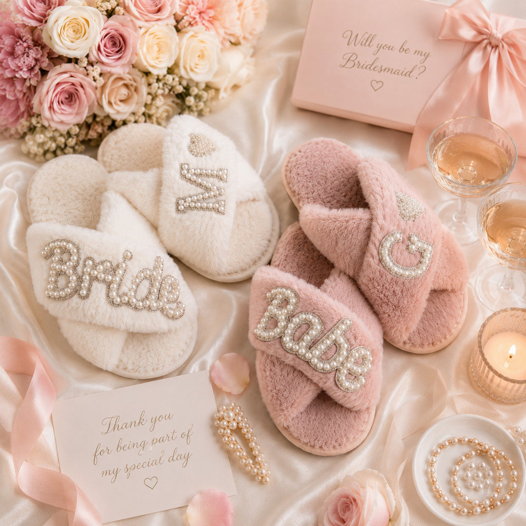 Bride & Babe Fluffy Bachelorette Slippers – Rhinestone Bridal Party Slippers