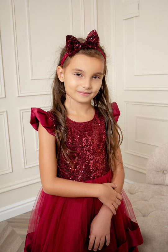 Burgundy Sequin Girls Dress with Bow Headband