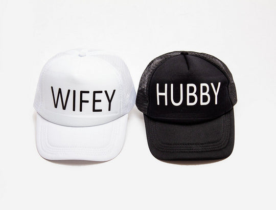 Wife & Hubby Trucker Hats – Matching Couple Caps, Wedding & Honeymoon Hats