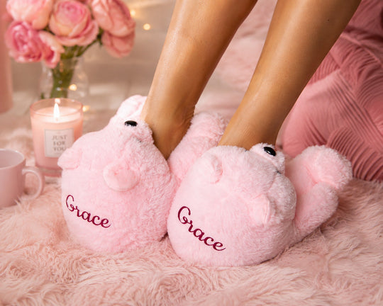 Custom Bear Pink Plush Slippers – Personalized Cozy Teddy Bear House Slippers