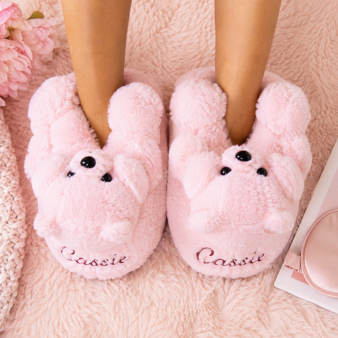 Custom Bear Pink Plush Slippers – Personalized Cozy Teddy Bear House Slippers