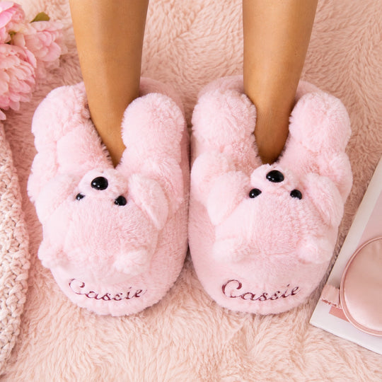 Custom Bear Pink Plush Slippers – Personalized Cozy Teddy Bear House Slippers