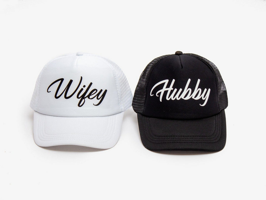 Wife & Hubby Trucker Hats – Matching Couple Caps, Wedding & Honeymoon Hats