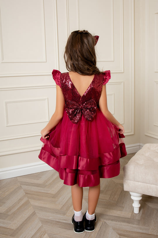 Burgundy Sequin Girls Dress with Bow Headband