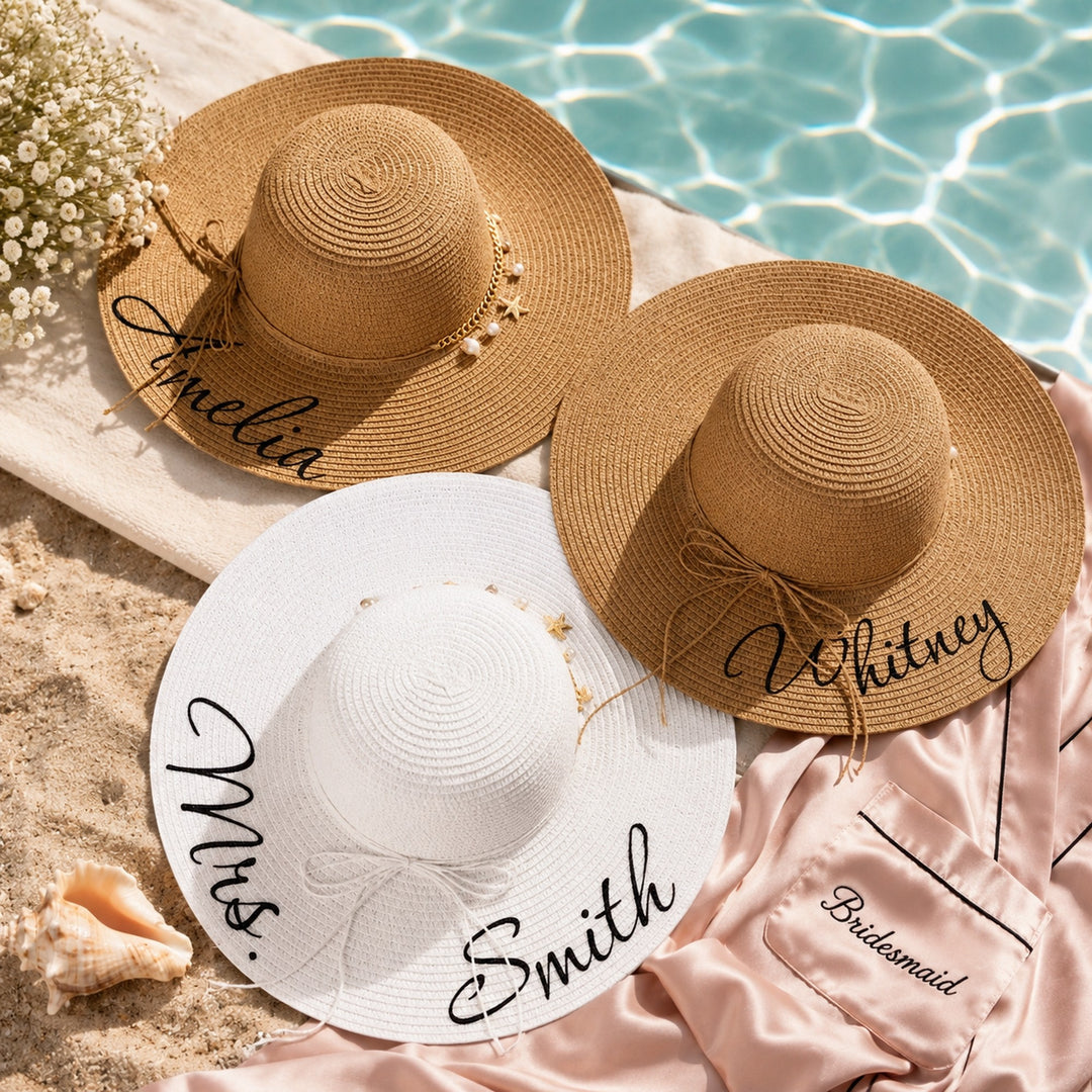 Trendy Personalized Bridesmaid Sun Hats with Shells
