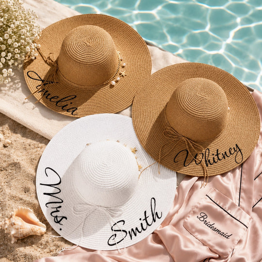 Trendy Personalized Bridesmaid Sun Hats with Shells