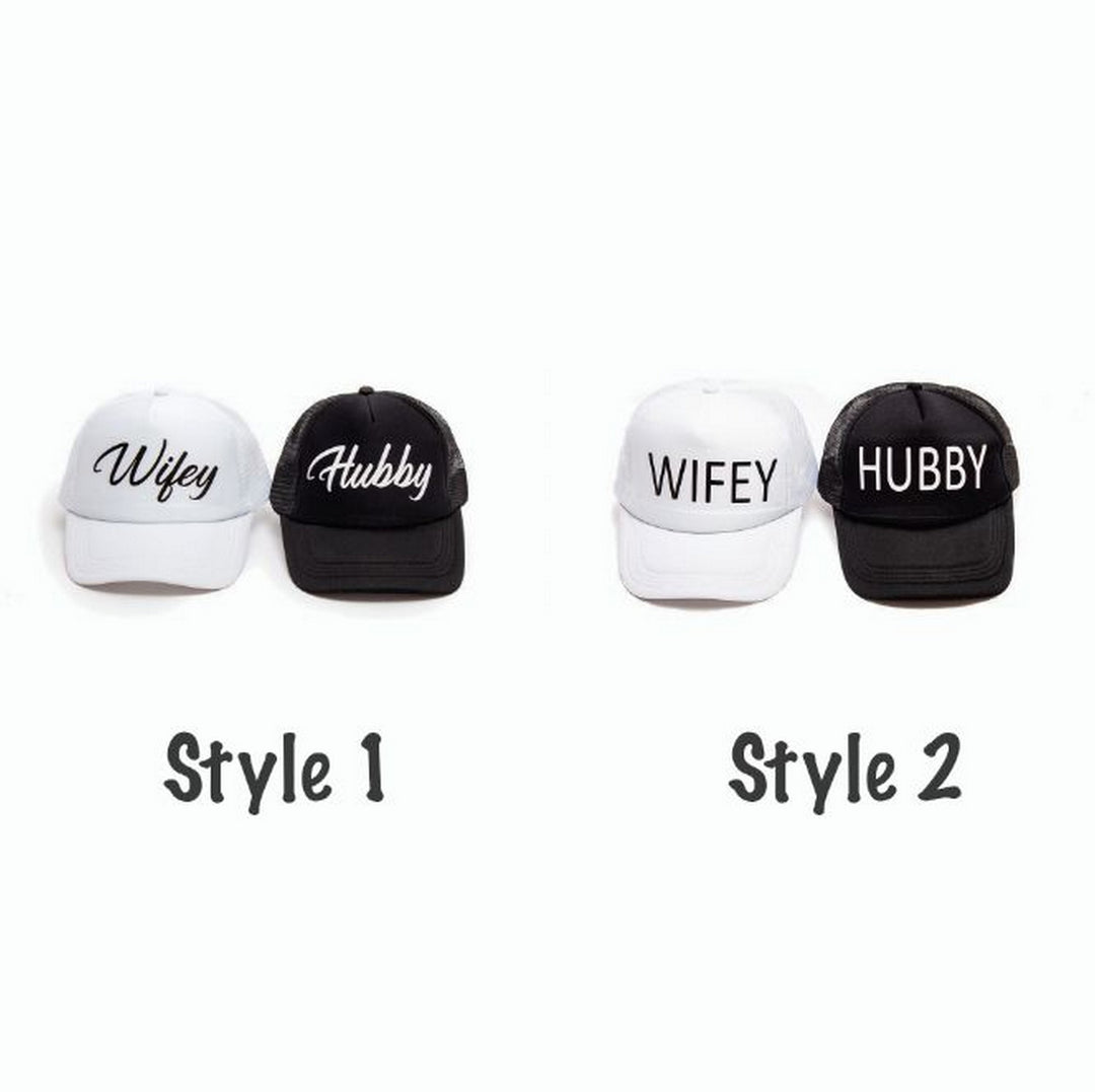 Wife & Hubby Trucker Hats – Matching Couple Caps, Wedding & Honeymoon Hats