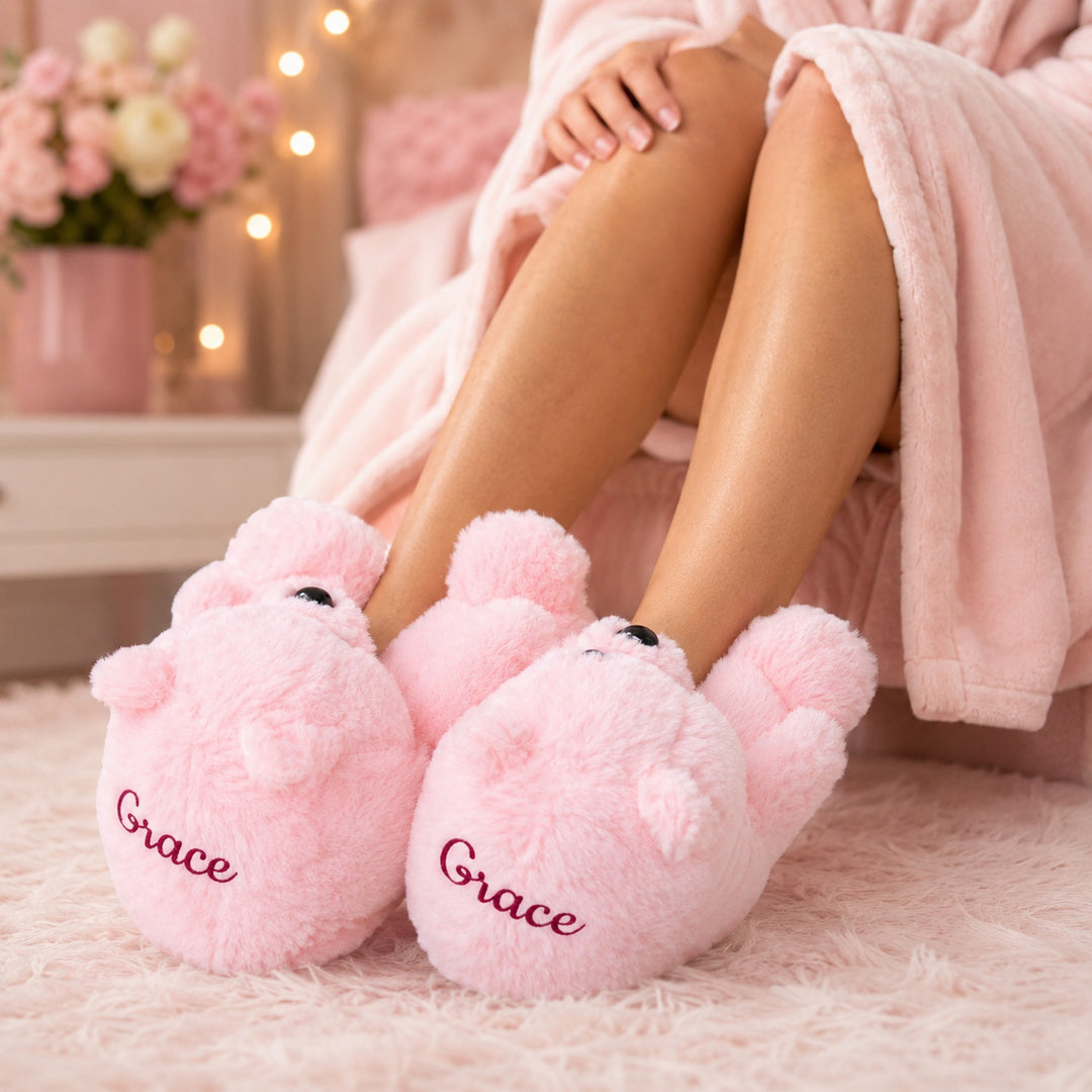 Custom Bear Pink Plush Slippers – Personalized Cozy Teddy Bear House Slippers