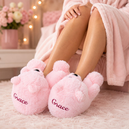 Custom Bear Pink Plush Slippers – Personalized Cozy Teddy Bear House Slippers