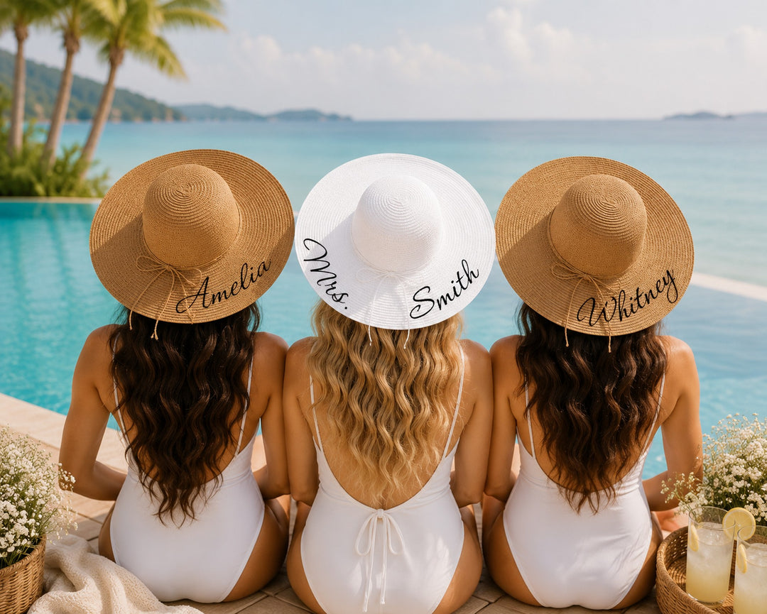 Trendy Personalized Bridesmaid Sun Hats with Shells