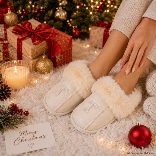 Personalized Christmas Slippers – Custom Initial Cozy Faux Fur Holiday Slippers
