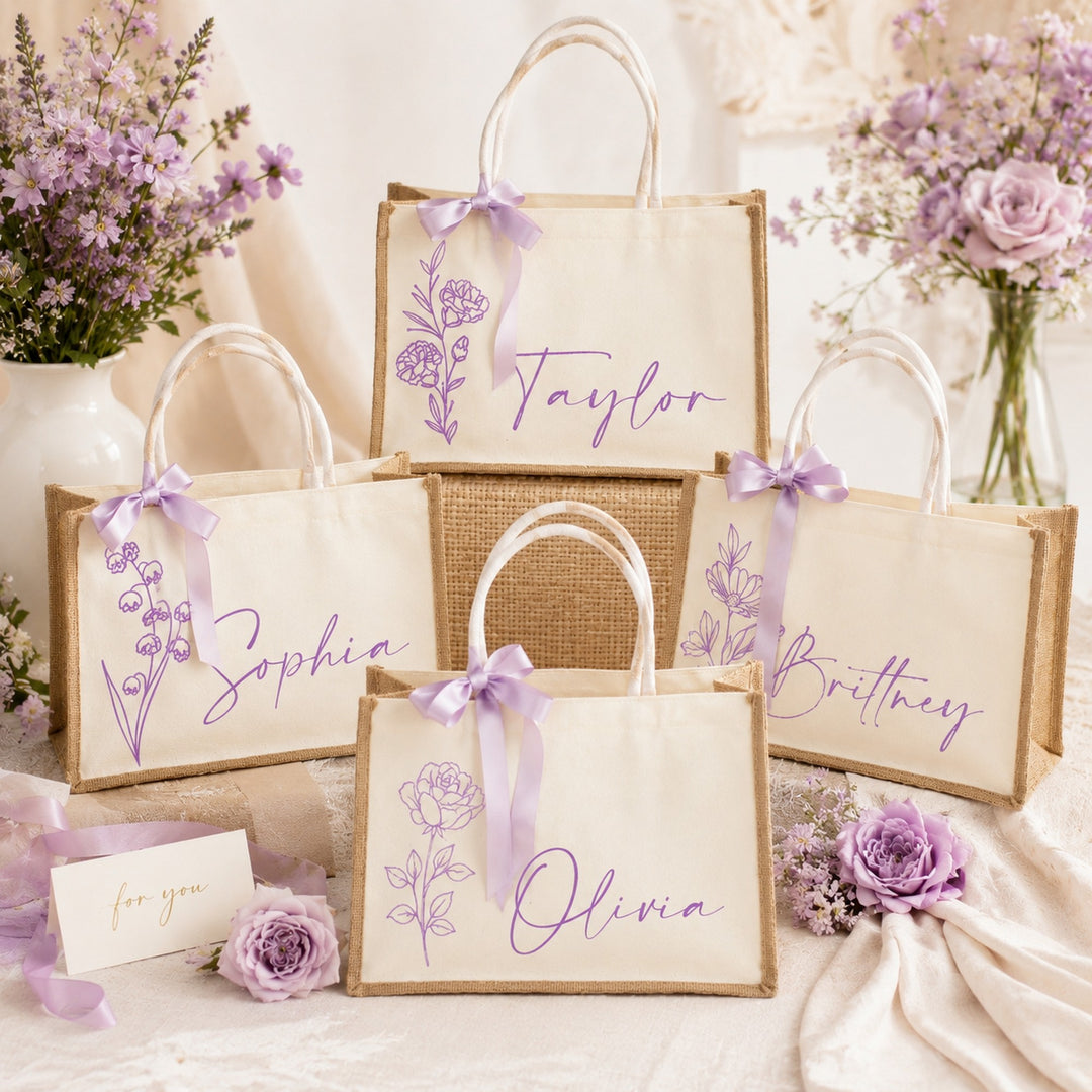 Personalized Flower Birth Tote Bags