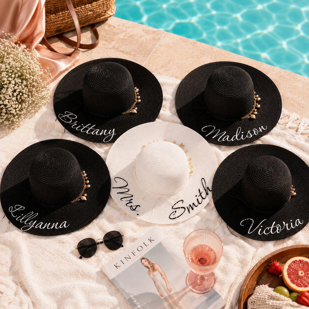 Trendy Personalized Bridesmaid Sun Hats with Shells