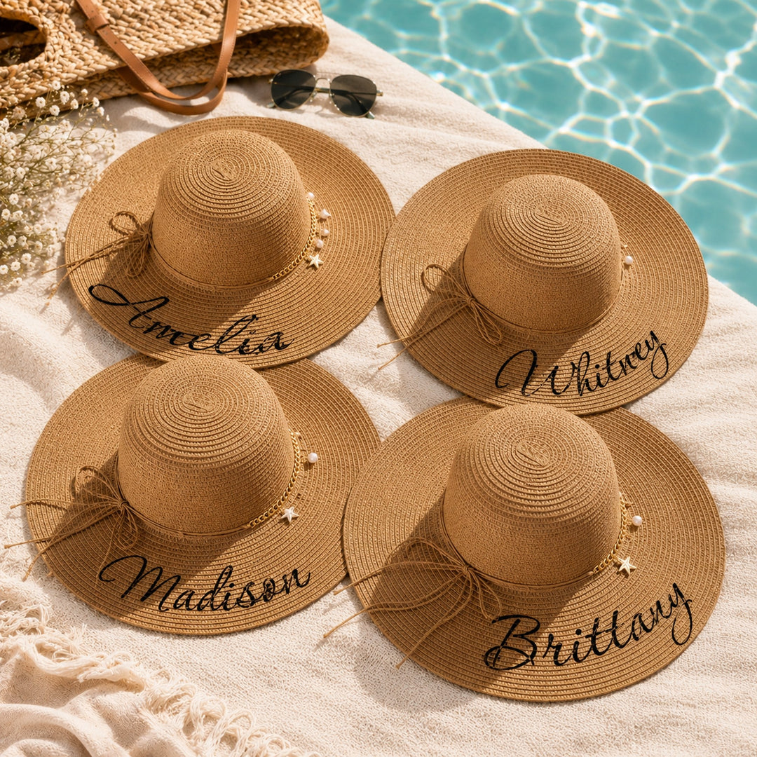 Trendy Personalized Bridesmaid Sun Hats with Shells