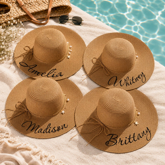 Trendy Personalized Bridesmaid Sun Hats with Shells