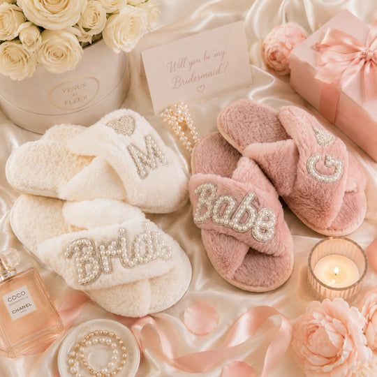 Bride & Babe Fluffy Bachelorette Slippers – Rhinestone Bridal Party Slippers