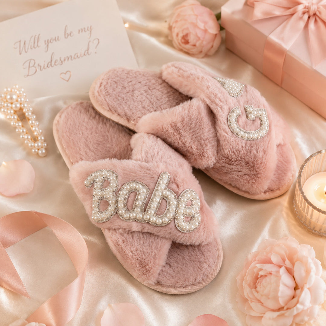 Bride & Babe Fluffy Bachelorette Slippers – Rhinestone Bridal Party Slippers