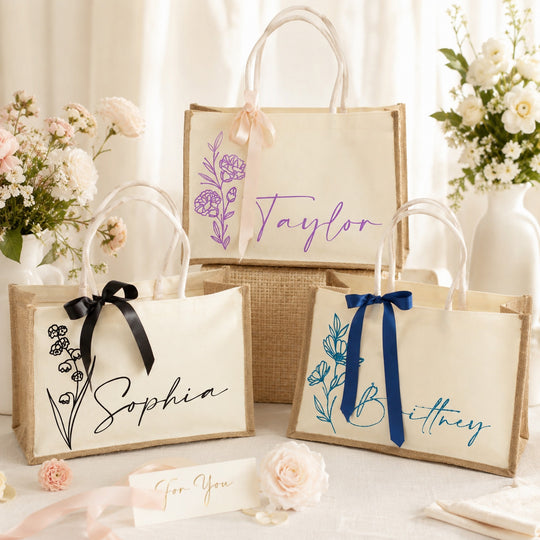 Personalized Flower Birth Tote Bags