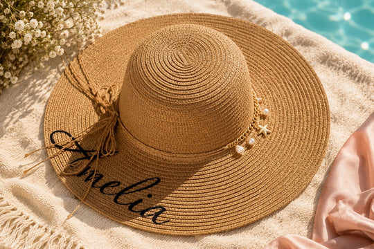 Trendy Personalized Bridesmaid Sun Hats with Shells