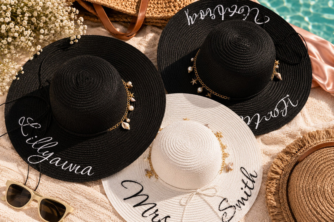 Trendy Personalized Bridesmaid Sun Hats with Shells