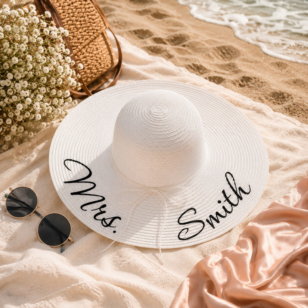 Trendy Personalized Bridesmaid Sun Hats with Shells
