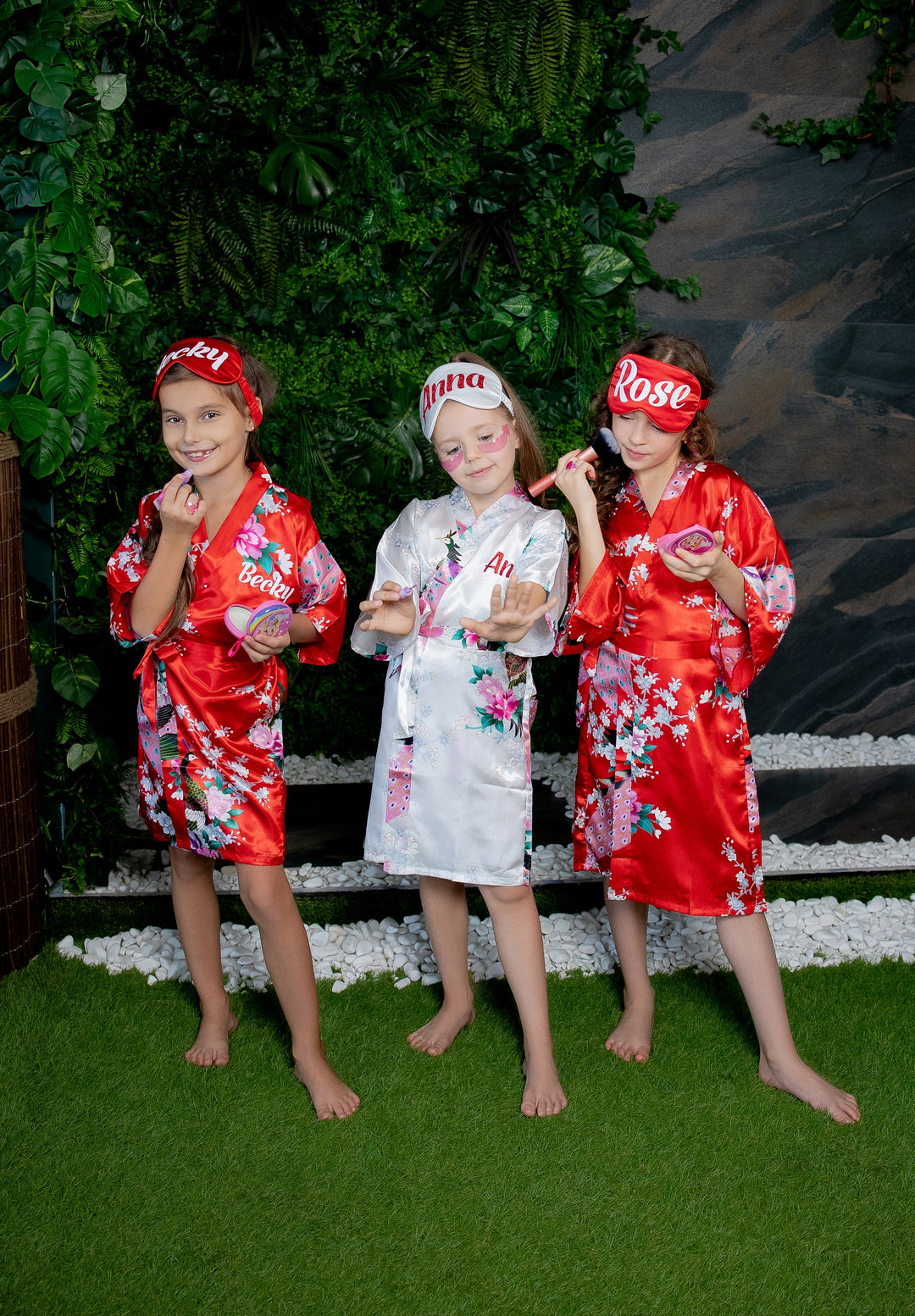 Set of 15 Kids Floral Peacock Satin Robes